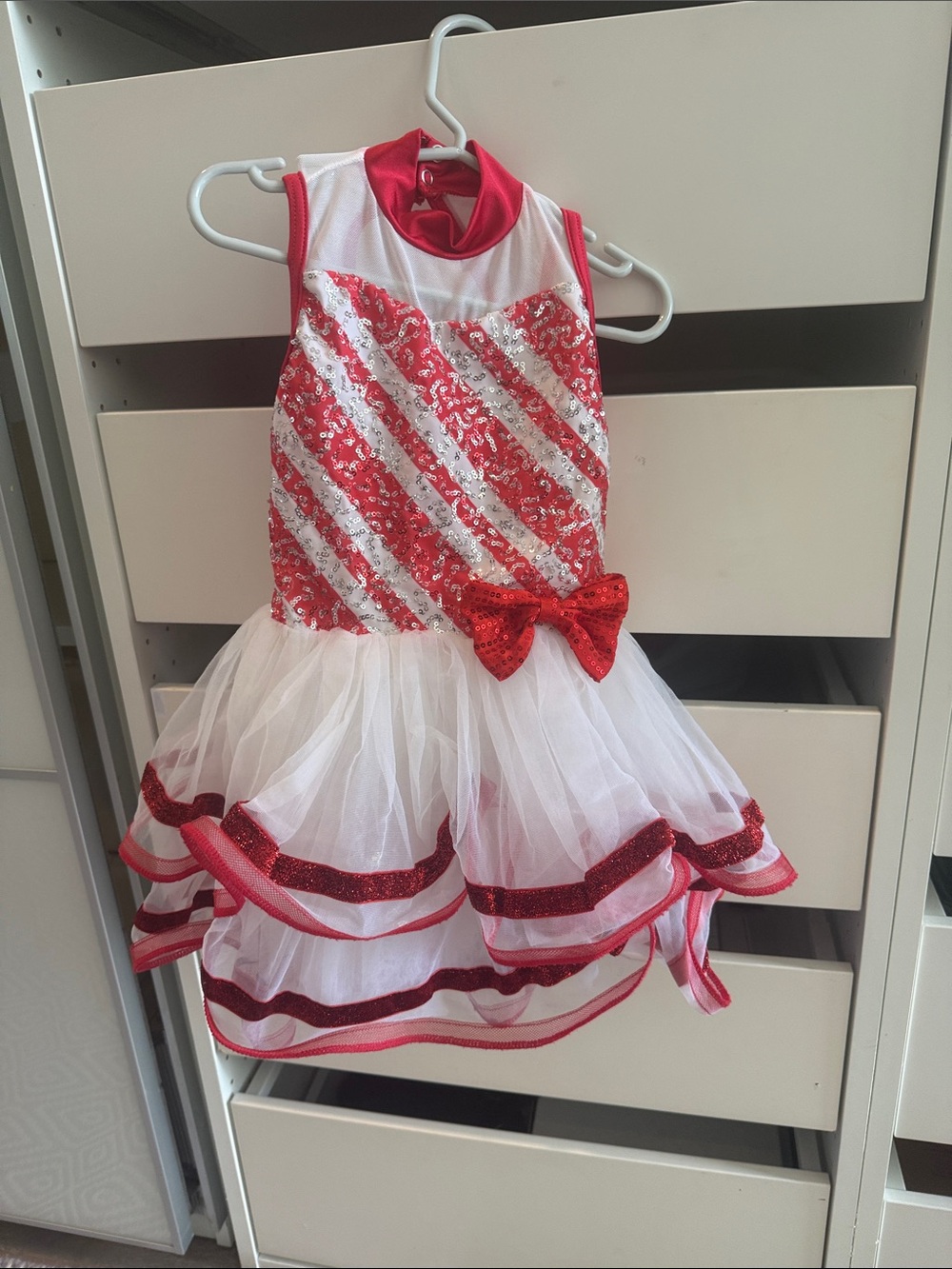 Candy cane Red & White Sequin Tulle Dance Costume with Bow - Kids